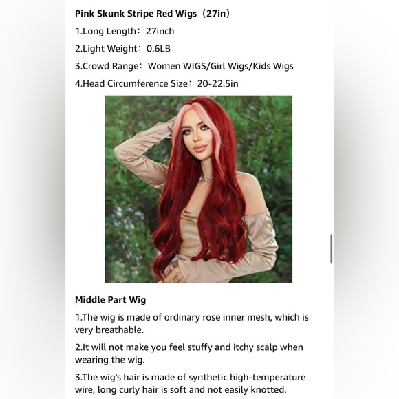 Long Wavy Wine Red Wigs Pink Skunk Stripe Synthetic Wig Middle Part Curly Wavy - Picture 11 of 11